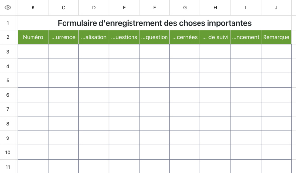 Formulaire d'enregistrement des choses importantes
